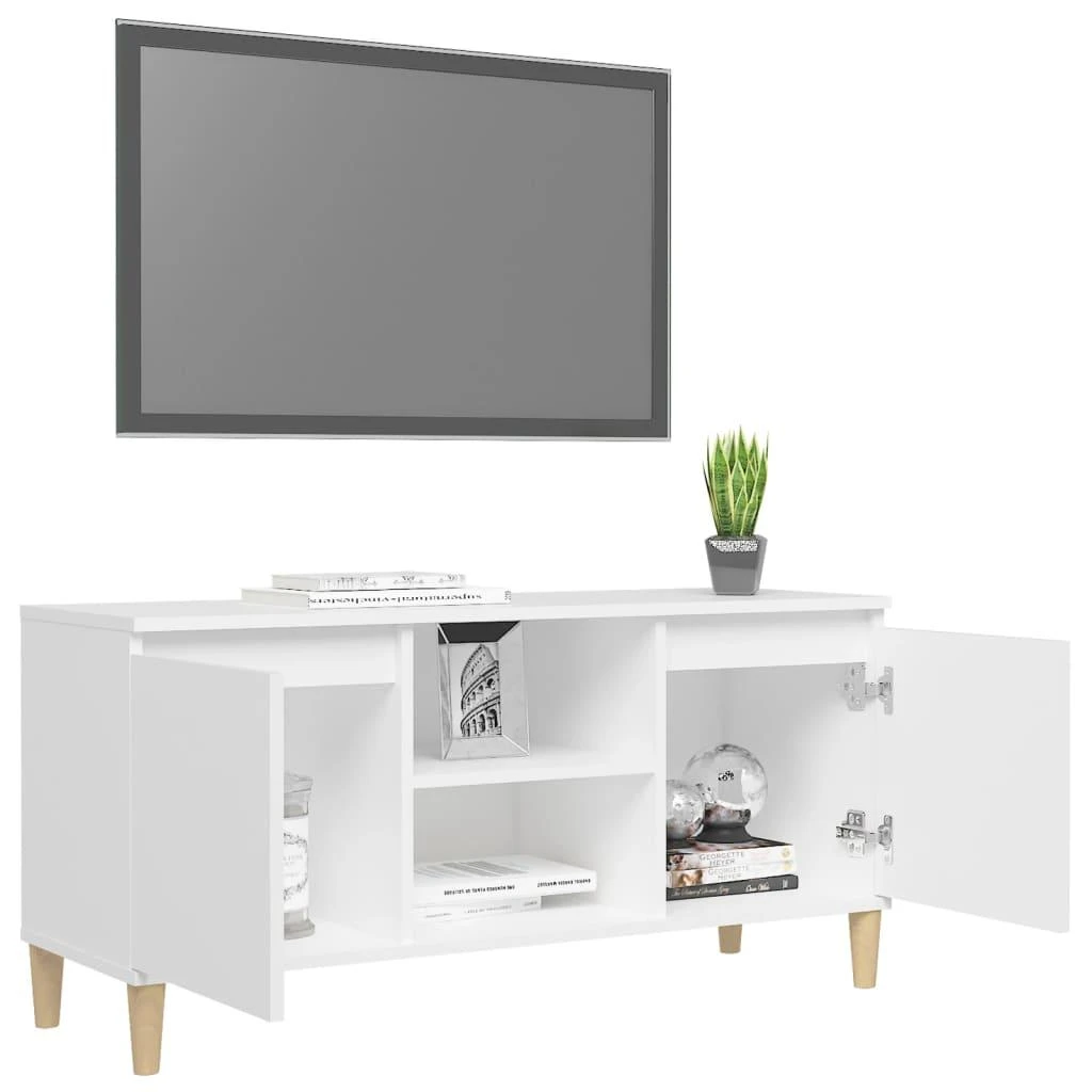 TV spintelė su medinėmis kojelėmis, balta, 103,5x35x50cm