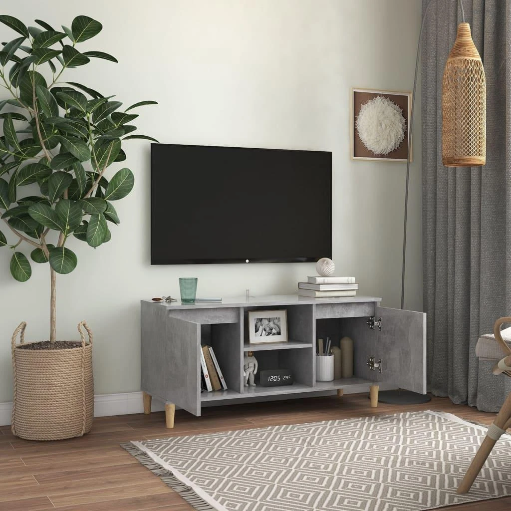 TV staliukas TV spintelė su medinėmis kojelėmis, betono pilka, 103,5x35x50cm