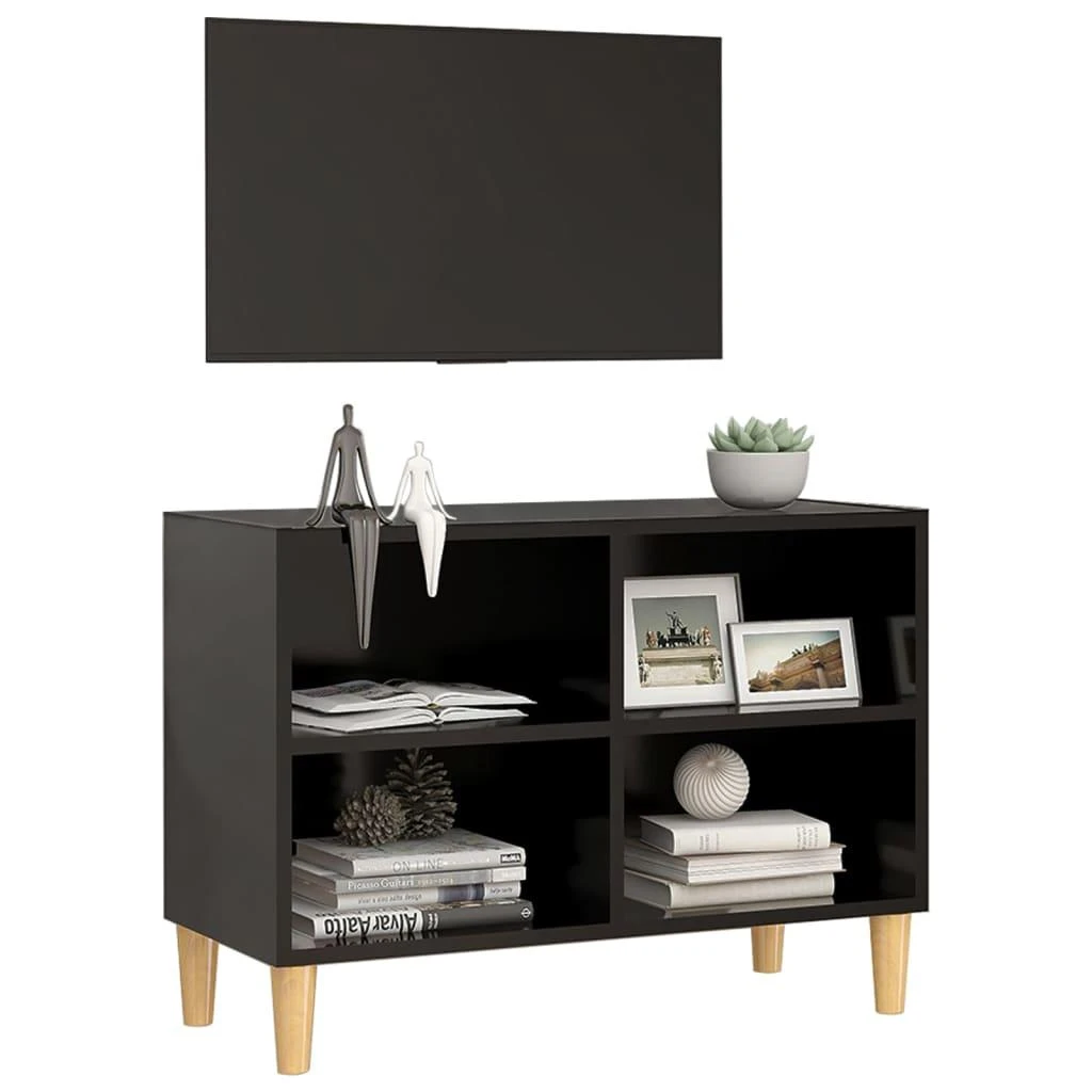 TV staliukas TV spintelė su medinėmis kojelėmis, juoda, 69,5x30x50cm