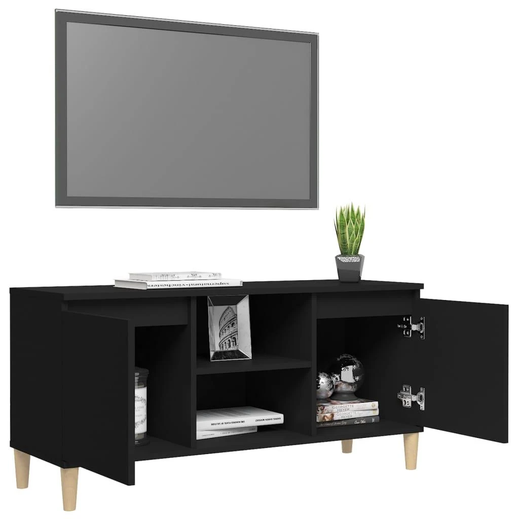 TV staliukas TV spintelė su medinėmis kojelėmis, juoda, 103,5x35x50cm