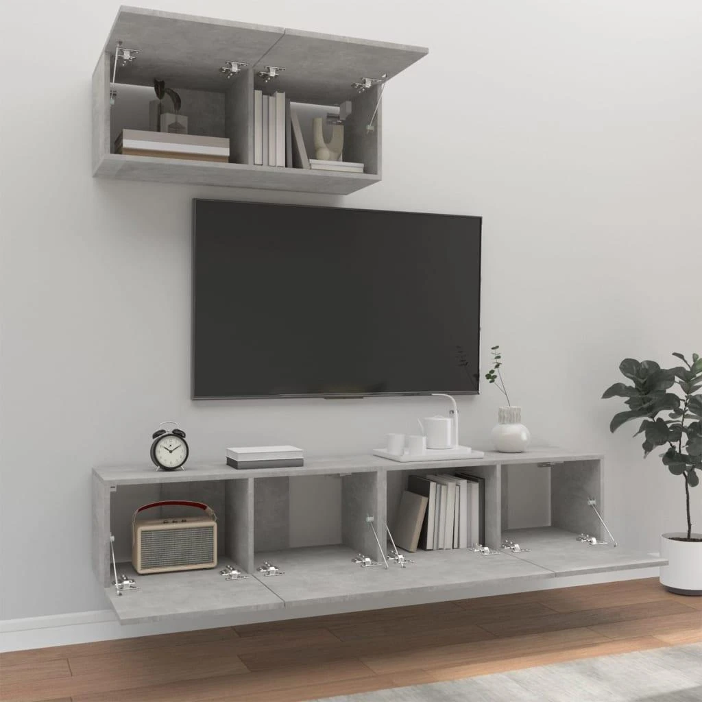 TV staliukas TV spintelių komplektas, 3 dalių, betono pilkas, mediena