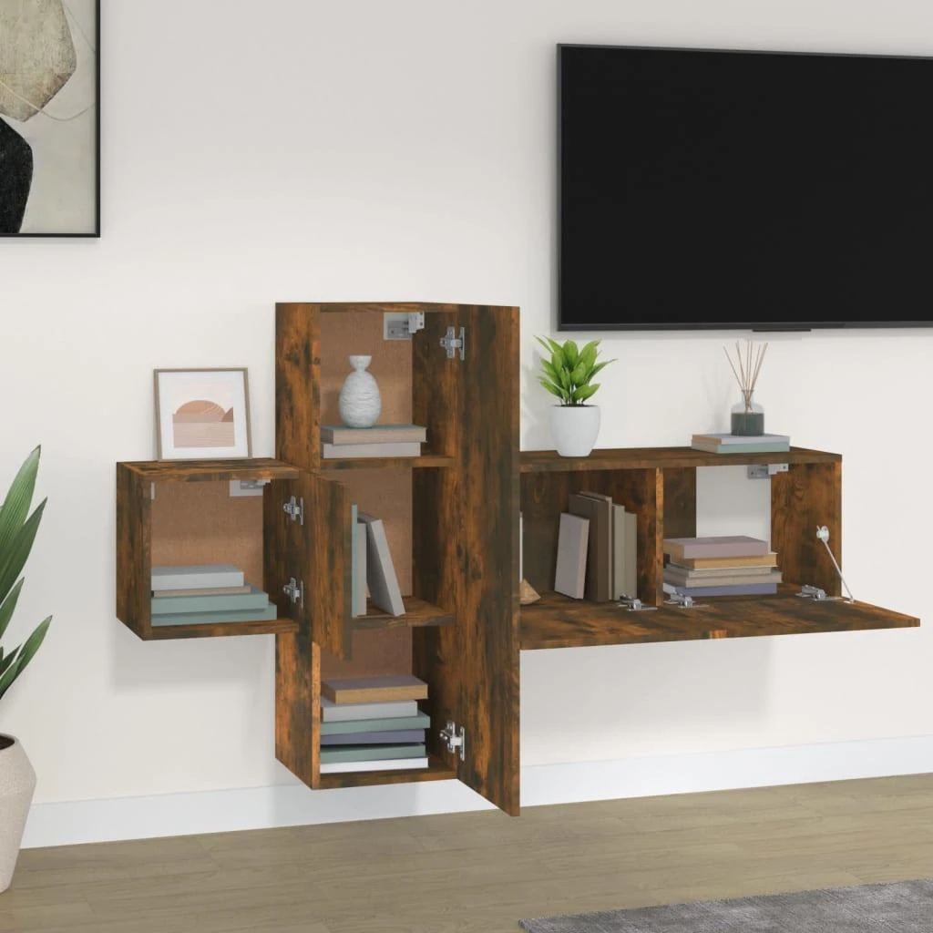 TV spintelių komplektas, 3 dalių, dūminio ąžuolo, mediena