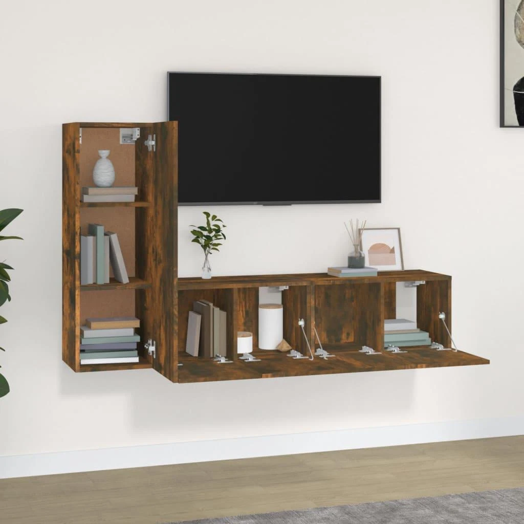 TV staliukas TV spintelių komplektas, 3 dalių, dūminio ąžuolo, mediena