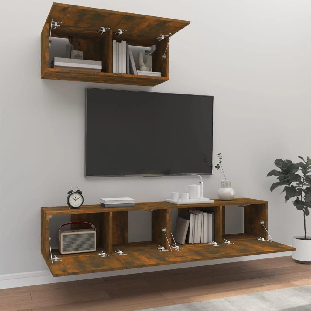 TV staliukas TV spintelių komplektas, 3 dalių, dūminio ąžuolo, mediena