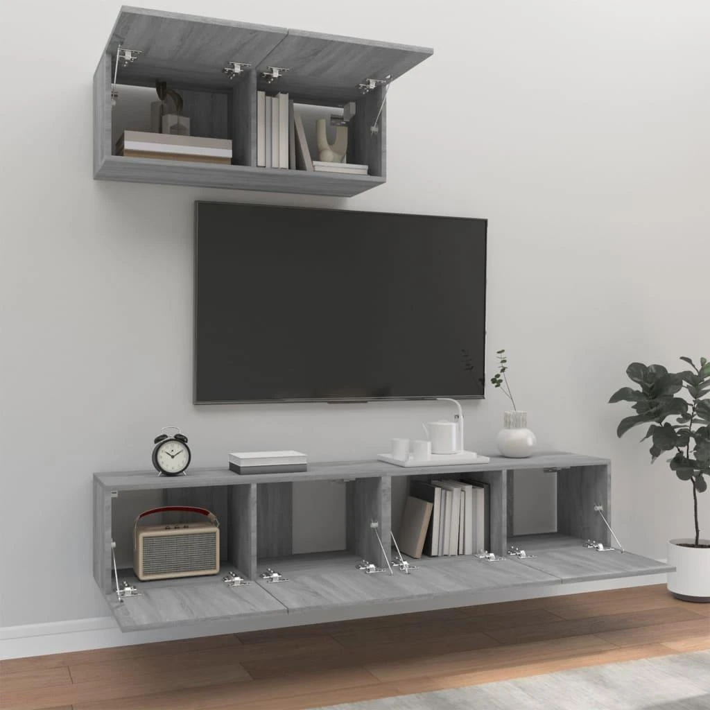 TV staliukas TV spintelių komplektas, 3 dalių, pilkas ąžuolo, mediena