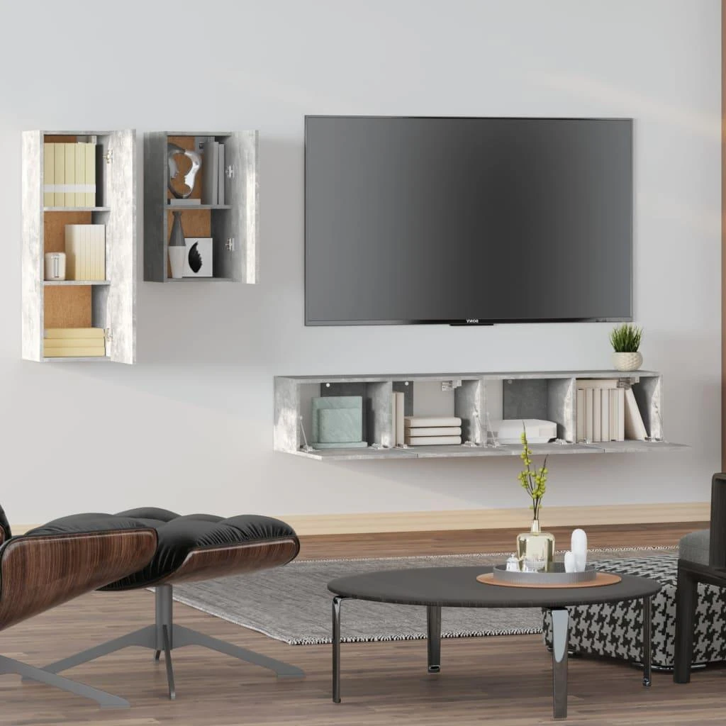 TV staliukas TV spintelių komplektas, 4 dalių, betono pilkas, mediena