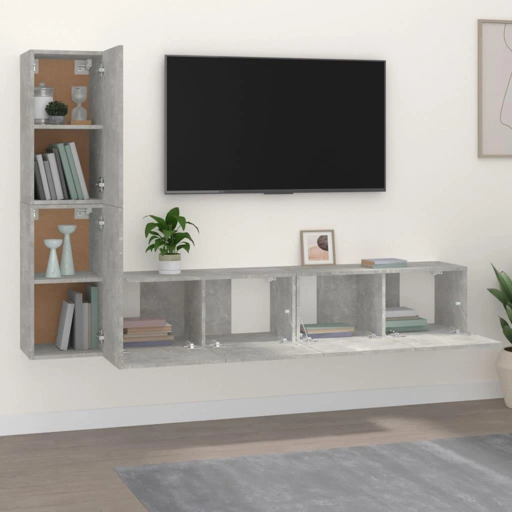 TV staliukas TV spintelių komplektas, 4 dalių, betono pilkas, mediena