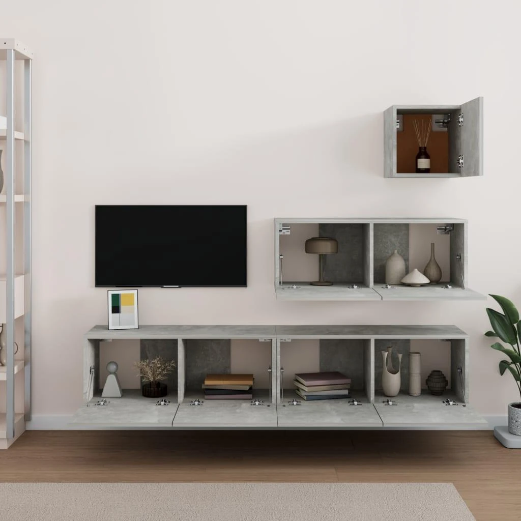 TV staliukas TV spintelių komplektas, 4 dalių, betono pilkas, mediena