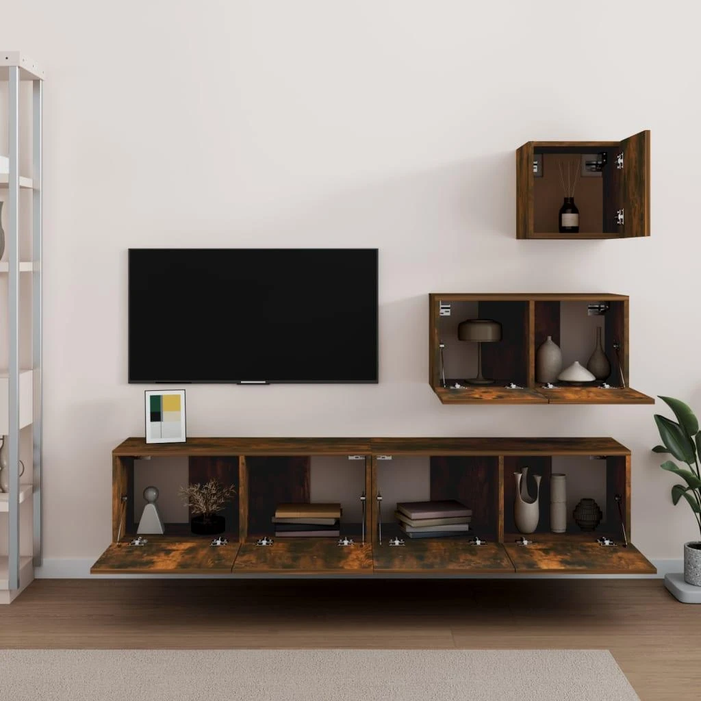 TV staliukas TV spintelių komplektas, 4 dalių, dūminio ąžuolo, mediena