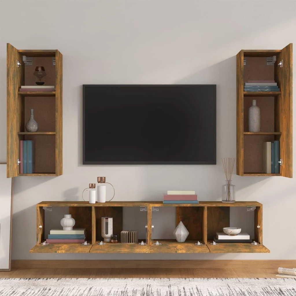 TV staliukas TV spintelių komplektas, 4 dalių, dūminio ąžuolo, mediena