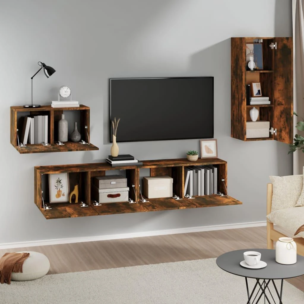 TV staliukas TV spintelių komplektas, 4 dalių, dūminio ąžuolo, mediena
