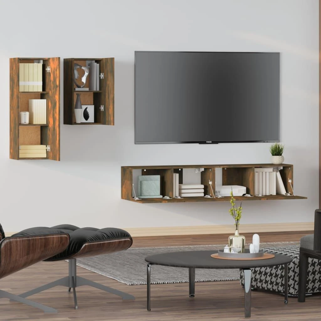 TV staliukas TV spintelių komplektas, 4 dalių, dūminio ąžuolo, mediena