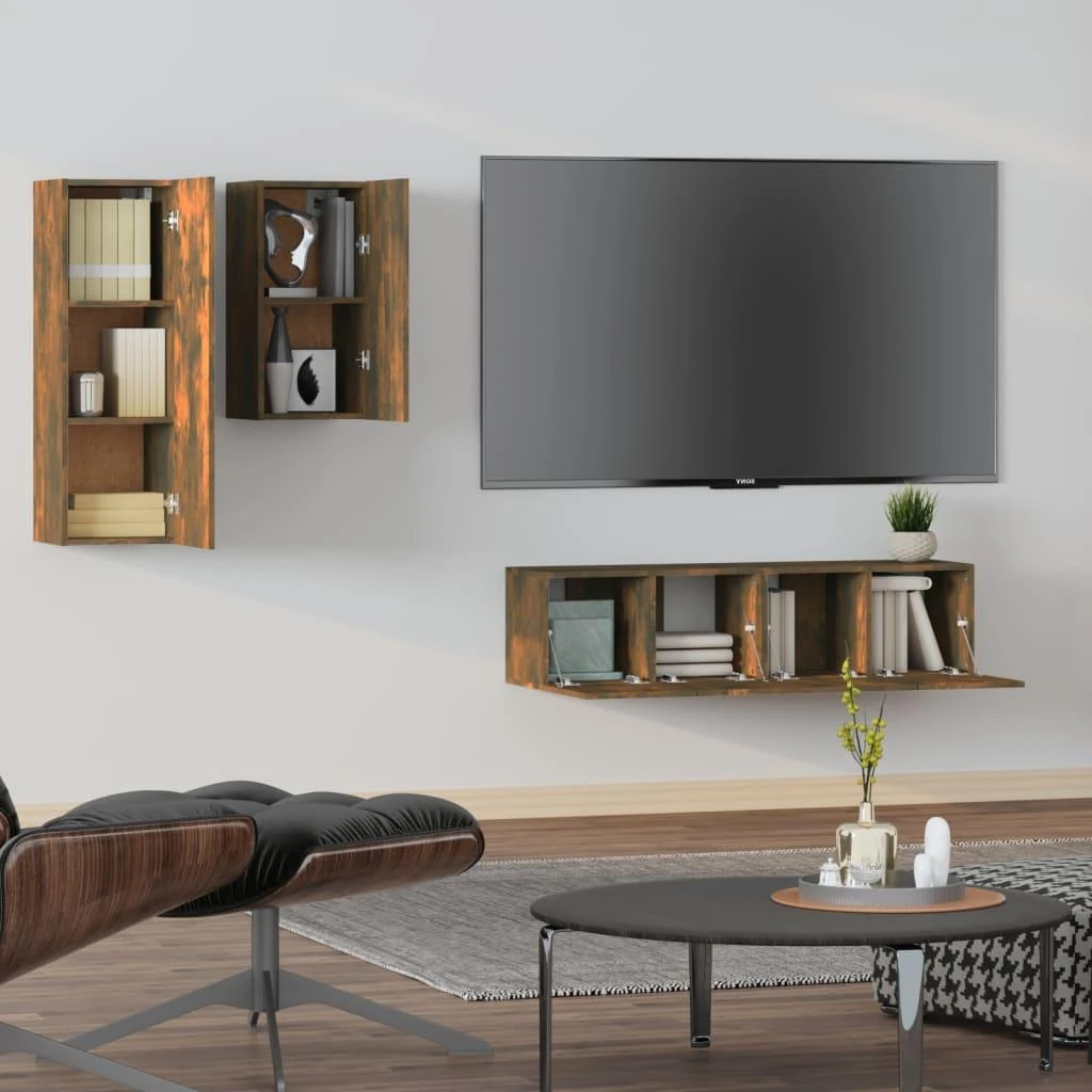 TV staliukas TV spintelių komplektas, 4 dalių, dūminio ąžuolo, mediena