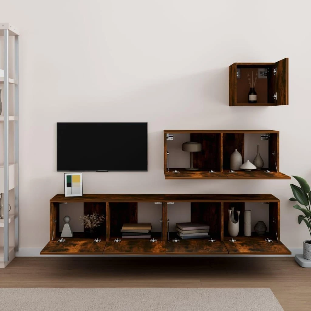 TV staliukas TV spintelių komplektas, 4 dalių, dūminio ąžuolo, mediena