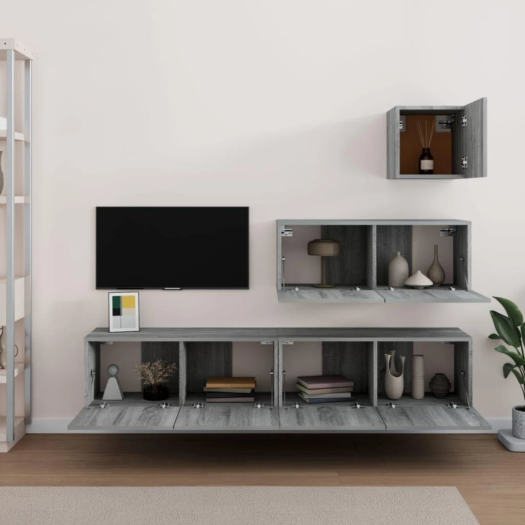 TV staliukas TV spintelių komplektas, 4 dalių, pilkas ąžuolo, mediena