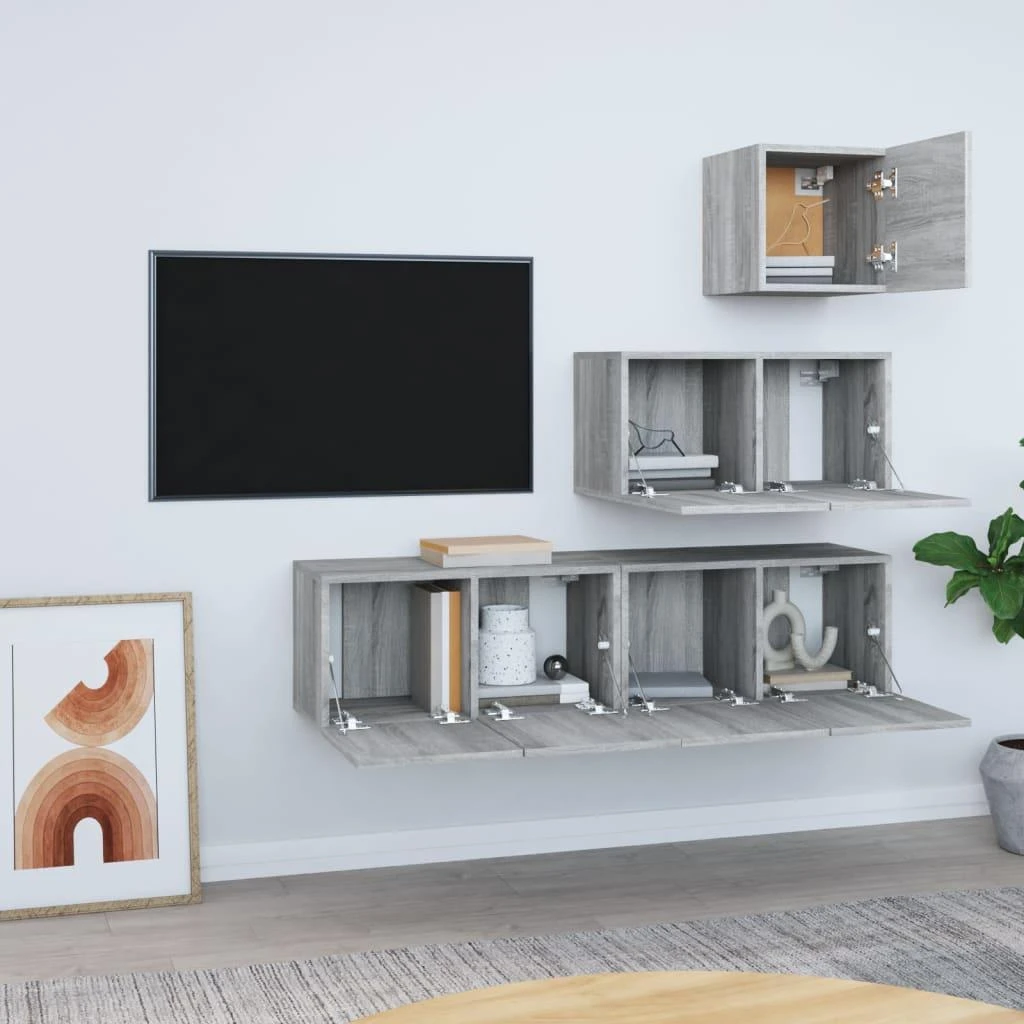 TV spintelių komplektas, 4 dalių, pilkas ąžuolo, mediena