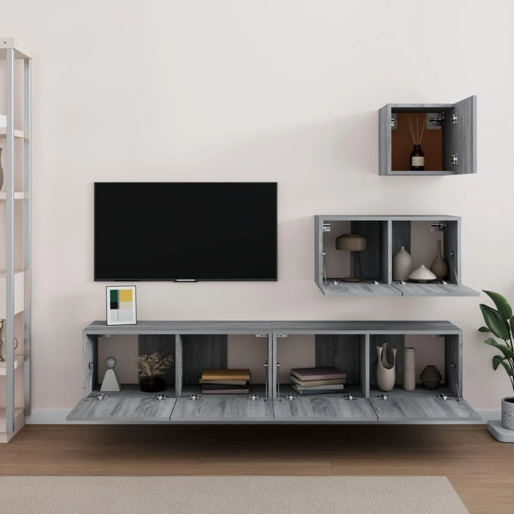 TV staliukas TV spintelių komplektas, 4 dalių, pilkas ąžuolo, mediena