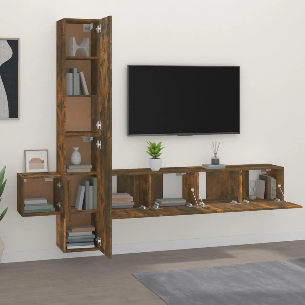 TV staliukas TV spintelių komplektas, 5 dalių, dūminio ąžuolo, mediena
