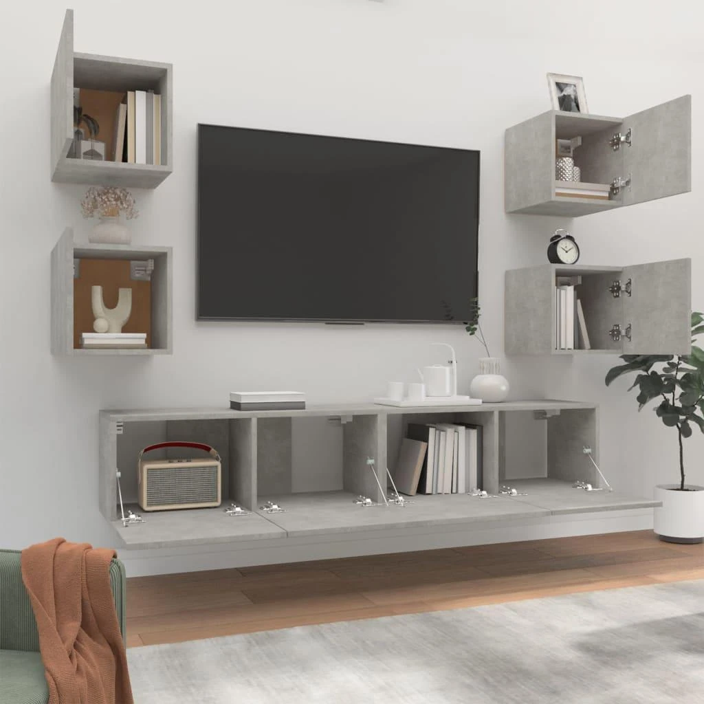 TV staliukas TV spintelių komplektas, 6 dalių, betono pilkas, mediena