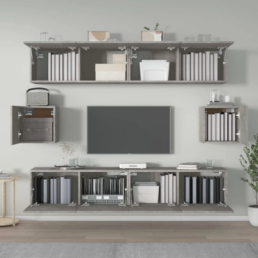 TV staliukas TV spintelių komplektas, 6 dalių, betono pilkas, mediena