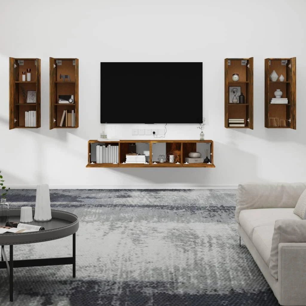 TV staliukas TV spintelių komplektas, 6 dalių, dūminio ąžuolo, mediena