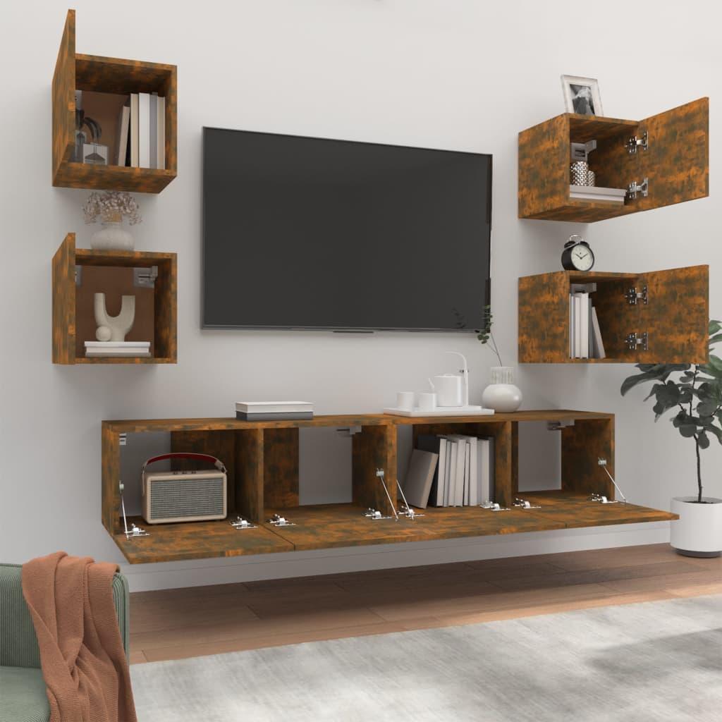 TV staliukas TV spintelių komplektas, 6 dalių, dūminio ąžuolo, mediena