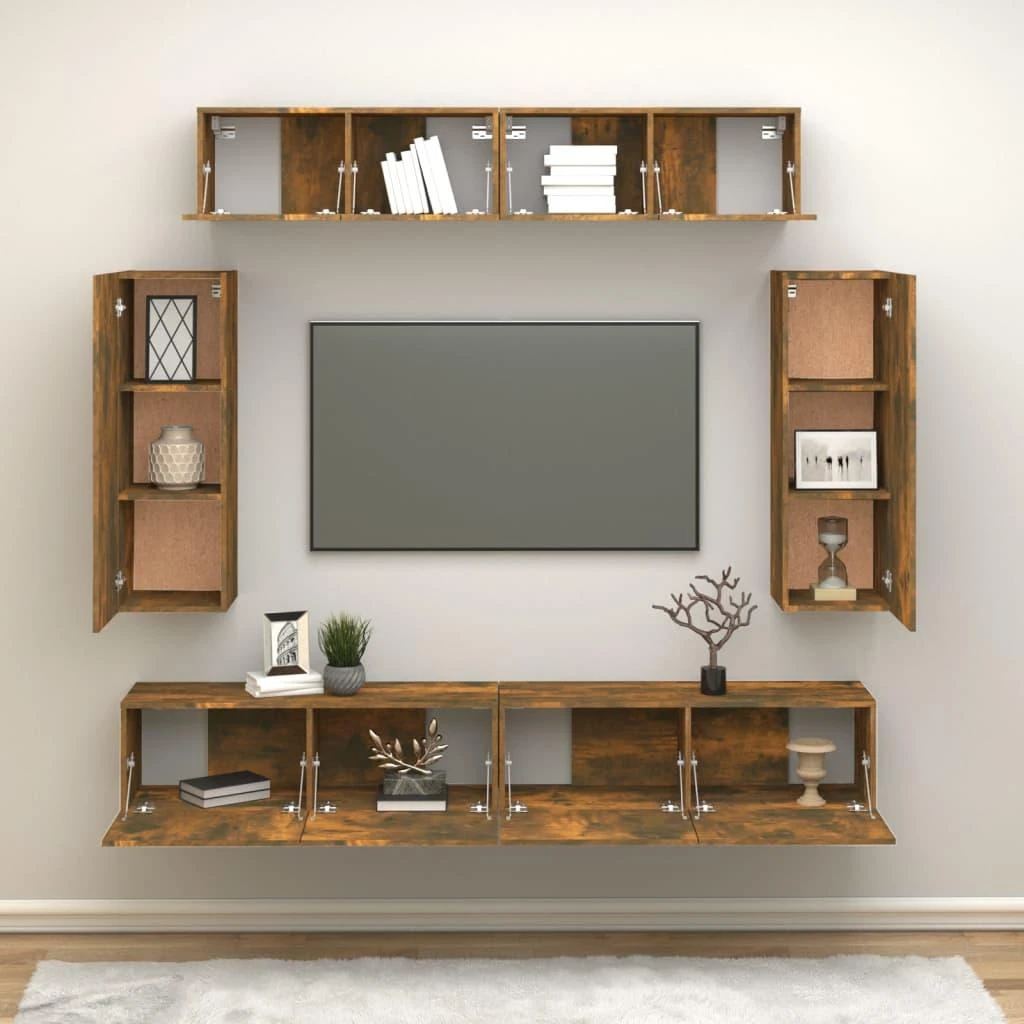 TV staliukas TV spintelių komplektas, 6 dalių, dūminio ąžuolo, mediena