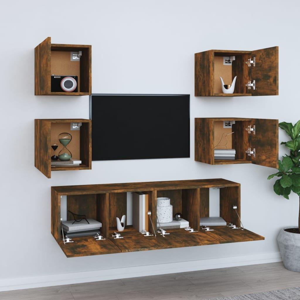 TV staliukas TV spintelių komplektas, 6 dalių, dūminio ąžuolo, mediena