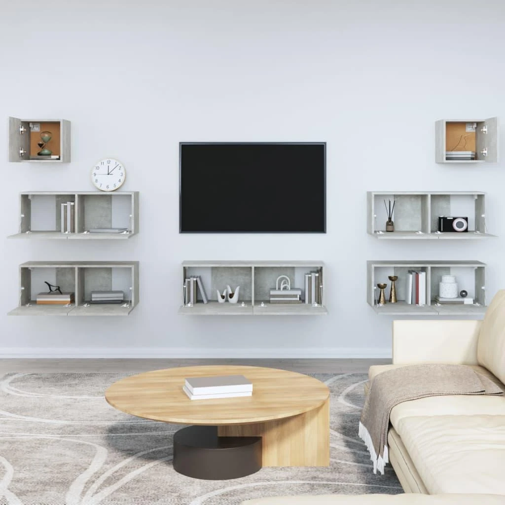 TV staliukas TV spintelių komplektas, 7 dalių, betono pilkas, mediena
