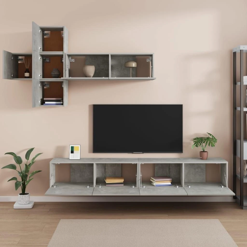 TV staliukas TV spintelių komplektas, 7 dalių, betono pilkas, mediena
