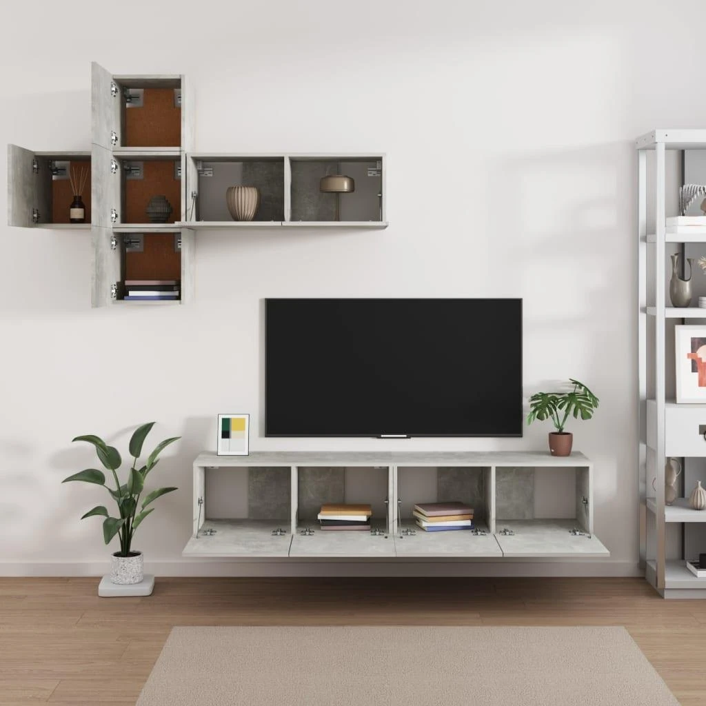 TV staliukas TV spintelių komplektas, 7 dalių, betono pilkas, mediena