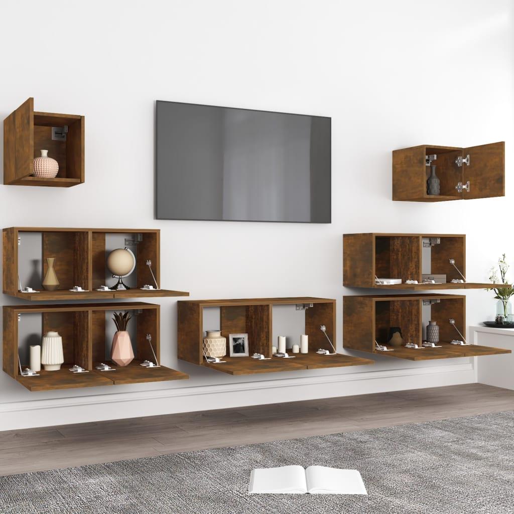 TV staliukas TV spintelių komplektas, 7 dalių, dūminio ąžuolo, mediena