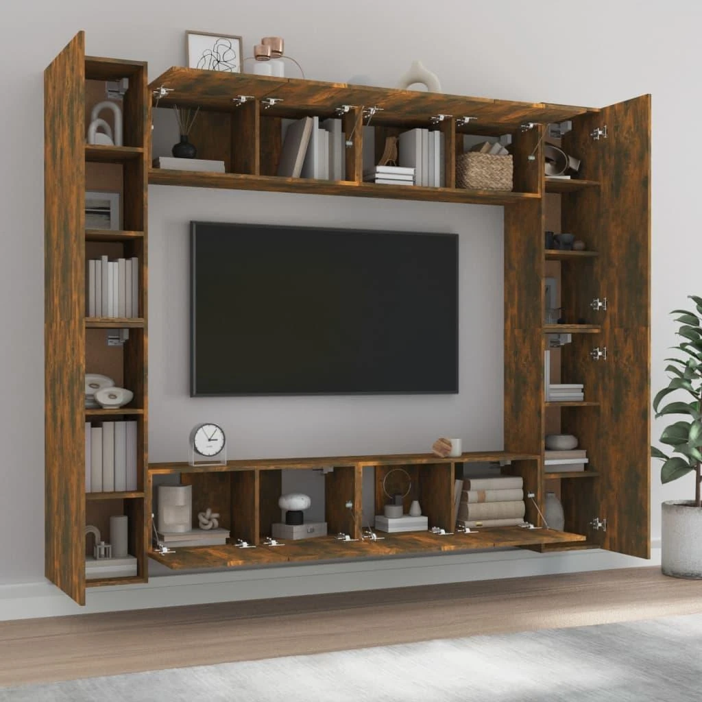 TV staliukas TV spintelių komplektas, 8 dalių, dūminio ąžuolo, mediena