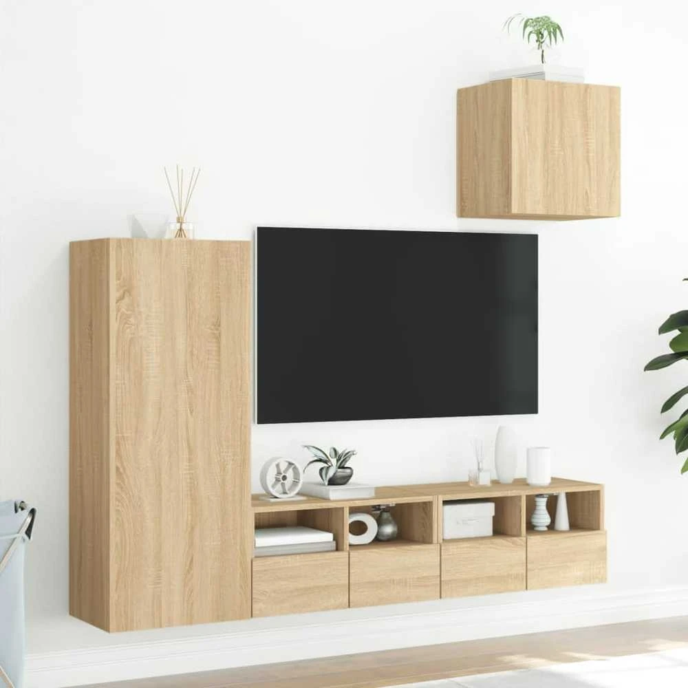 TV staliukas Sieninė TV sekcija, 4 dalių, ąžuolo spalvos, apdirbta mediena