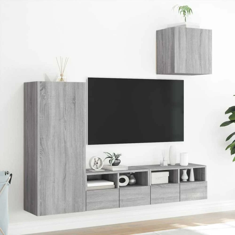TV staliukas Sieninė TV sekcija, 4 dalių, pilka ąžuolo, apdirbta mediena