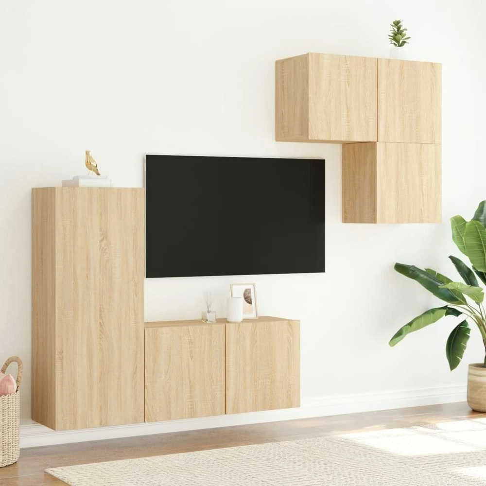 TV staliukas Sieninė TV sekcija, 4 dalių, ąžuolo spalvos, apdirbta mediena