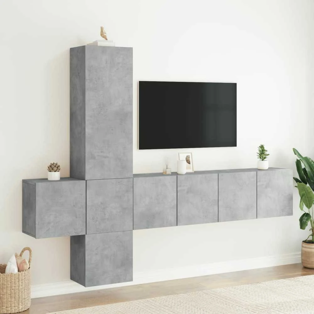 TV staliukas Sieninė TV sekcija, 5 dalių, betono pilka, apdirbta mediena