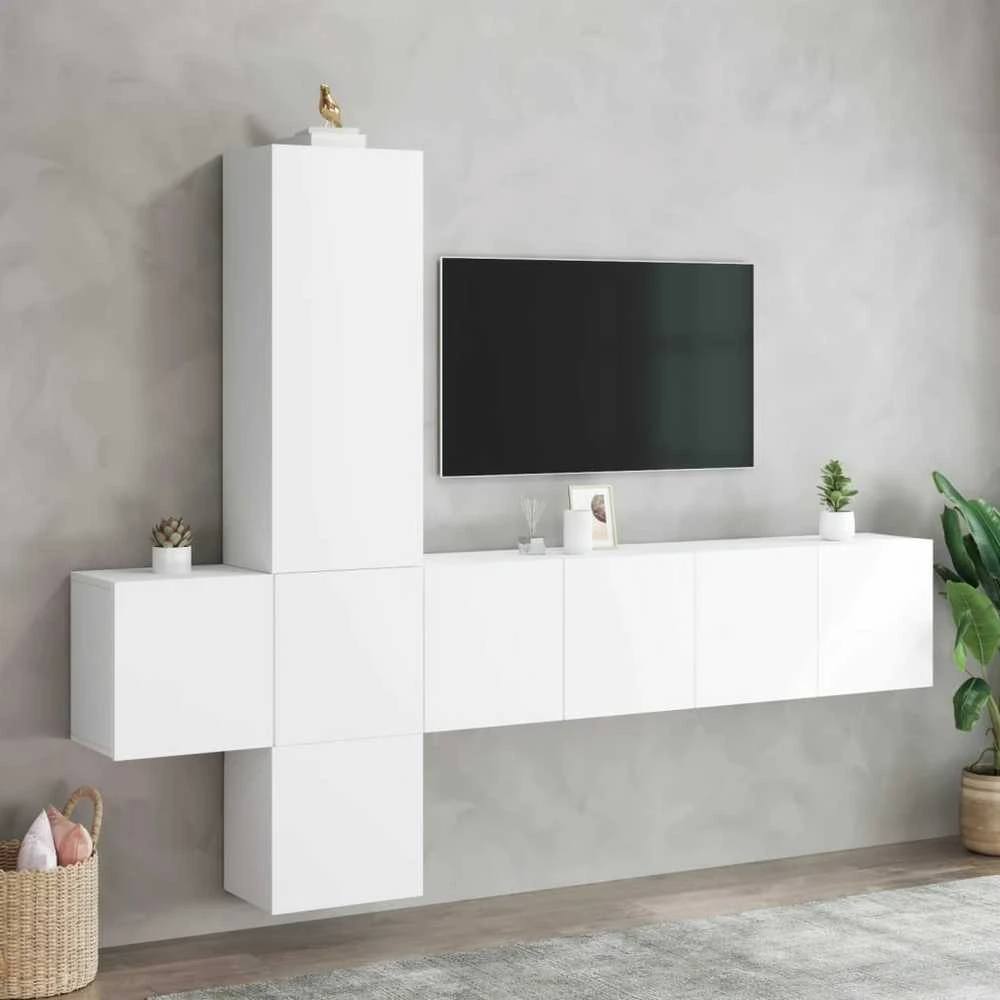 TV staliukas Sieninė TV sekcija, 5 dalių, baltos spalvos, apdirbta mediena