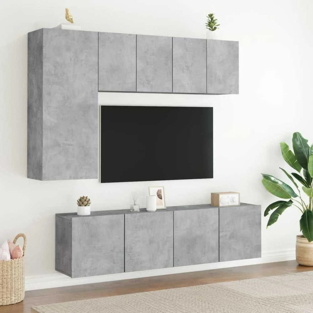 TV staliukas Sieninė TV sekcija, 5 dalių, betono pilka, apdirbta mediena