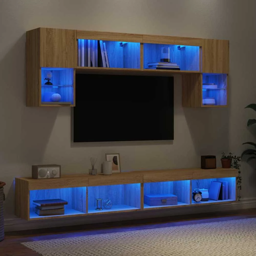 TV staliukas Sieninė TV sekcija su LED, 6 dalių, ąžuolo, apdirbta mediena