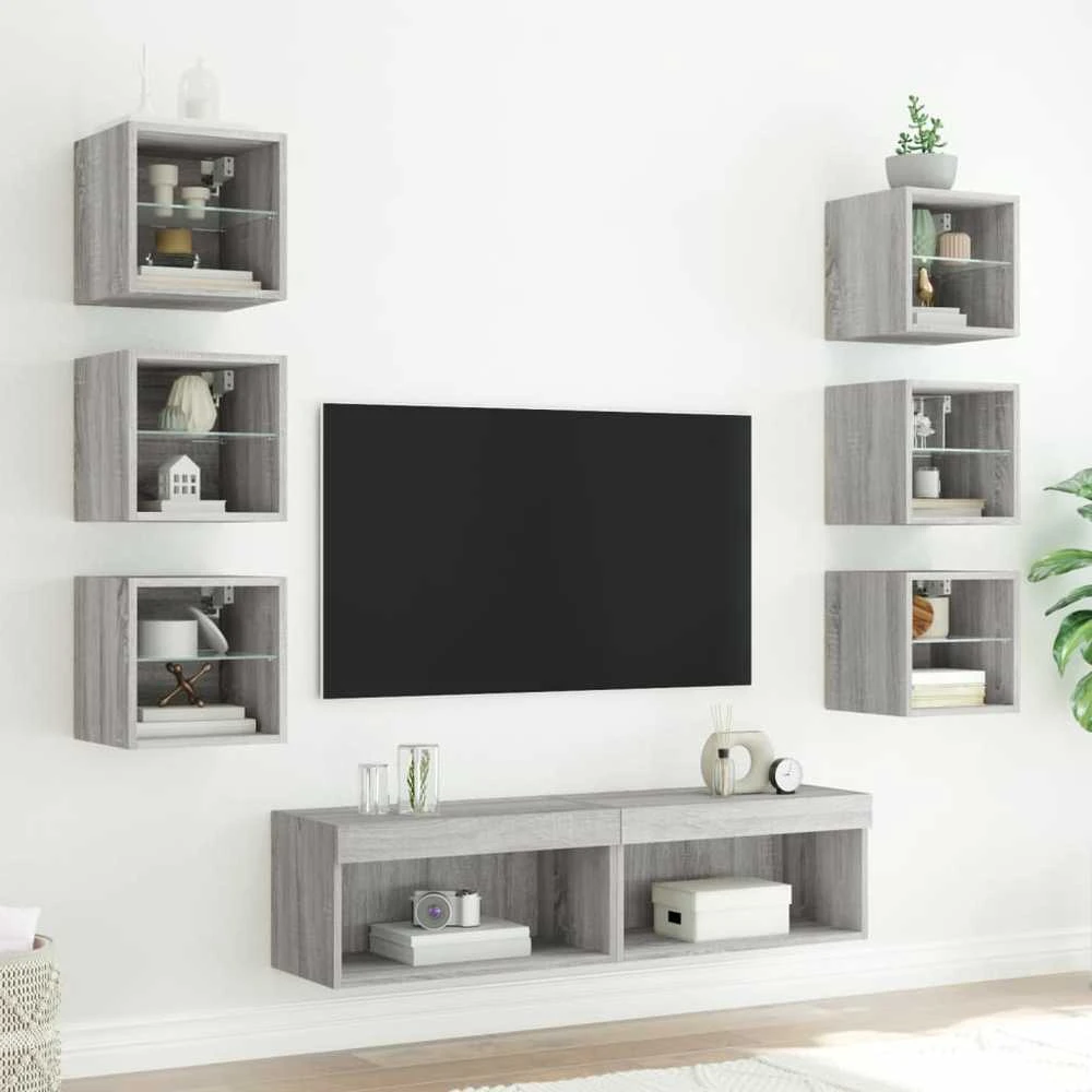 TV staliukas Sieninė TV sekcija su LED, 8 dalių, pilka ąžuolo, mediena