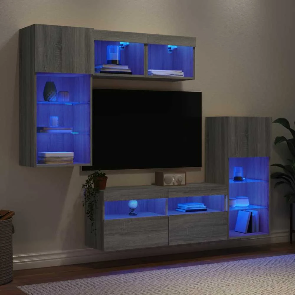 TV staliukas Sieninė TV sekcija su LED, 5 dalių, pilka ąžuolo, mediena