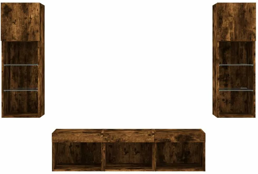 TV staliukas Sieninė TV sekcija su LED, 5 dalių, dūminio ąžuolo, mediena