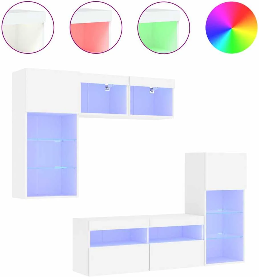 TV staliukas Sieninė TV sekcija su LED, 5 dalių, balta, apdirbta mediena