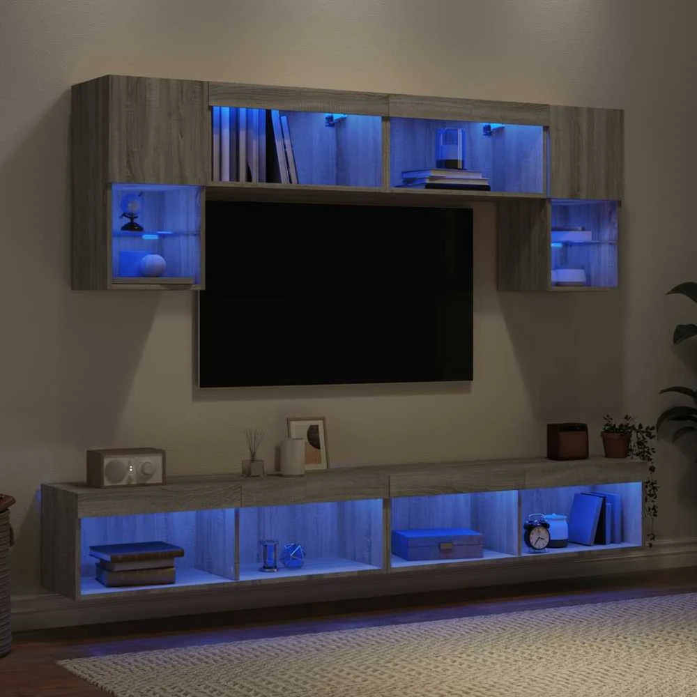 TV staliukas Sieninė TV sekcija su LED, 6 dalių, pilka ąžuolo, mediena