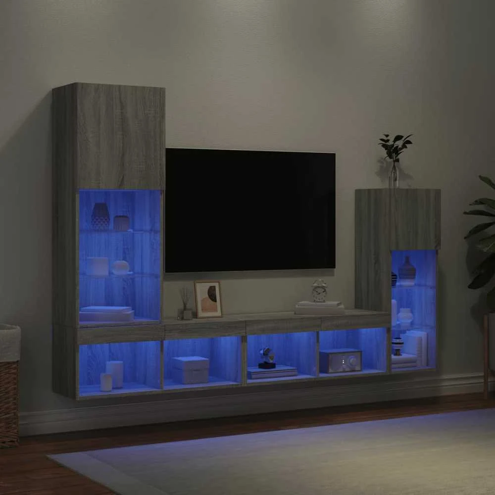 TV staliukas Sieninė TV sekcija su LED, 4 dalių, pilka ąžuolo, mediena