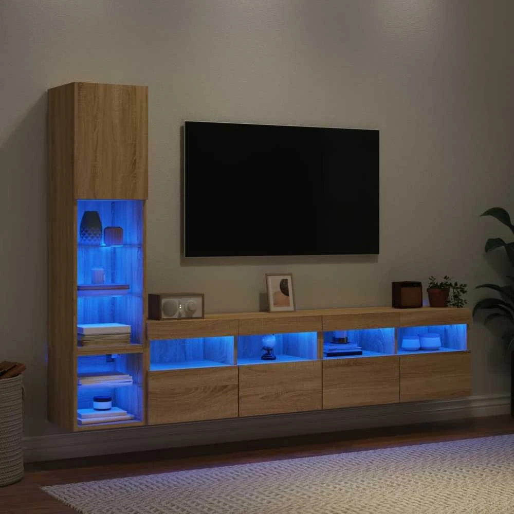 TV staliukas Sieninė TV sekcija su LED, 4 dalių, ąžuolo, apdirbta mediena