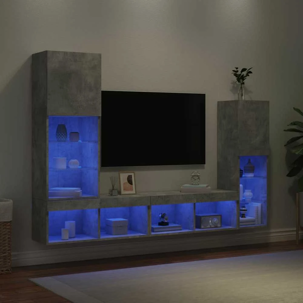 TV staliukas Sieninė TV sekcija su LED, 4 dalių, betono, apdirbta mediena