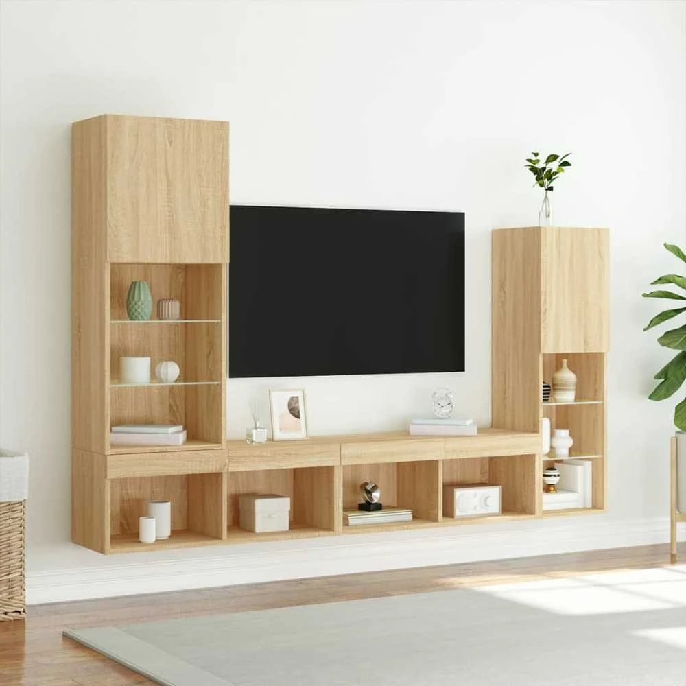 TV staliukas Sieninė TV sekcija su LED, 4 dalių, ąžuolo, apdirbta mediena