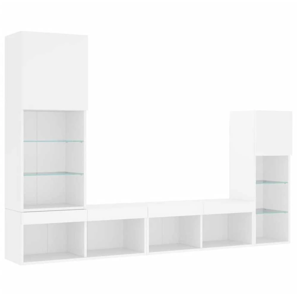 TV staliukas Sieninė TV sekcija su LED, 4 dalių, balta, apdirbta mediena